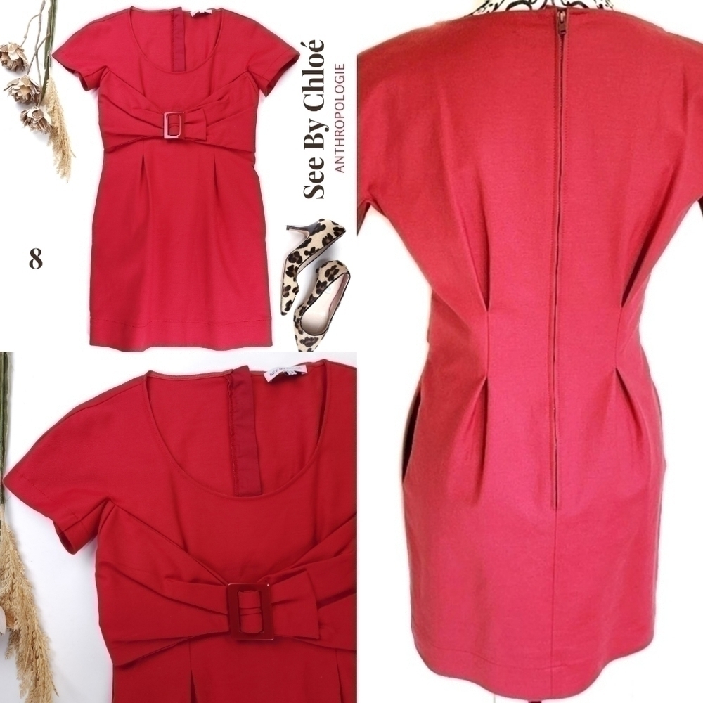 See By Chloe Anthropologie Thick Red Pleated Stretch Scoop Neck Dress Sz… - Picture 2 of 14